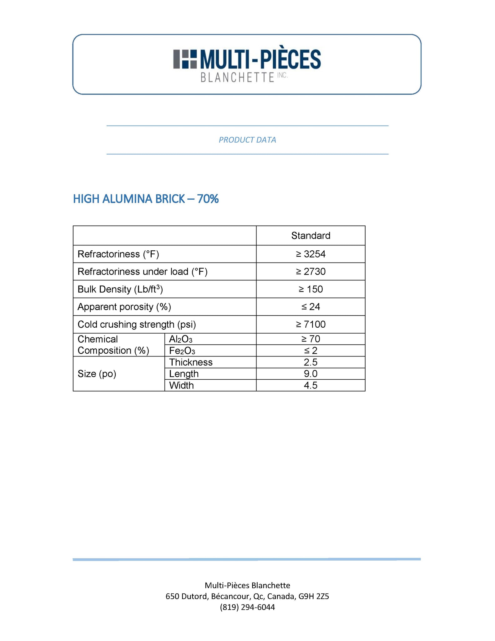 Brique réfractaire dense 220 x 110 x 50 mm - 40% d'alumine